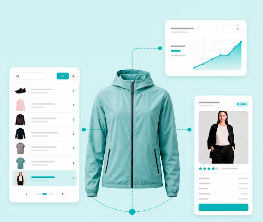 High-tech outdoor jacket with technical UI data visualization
