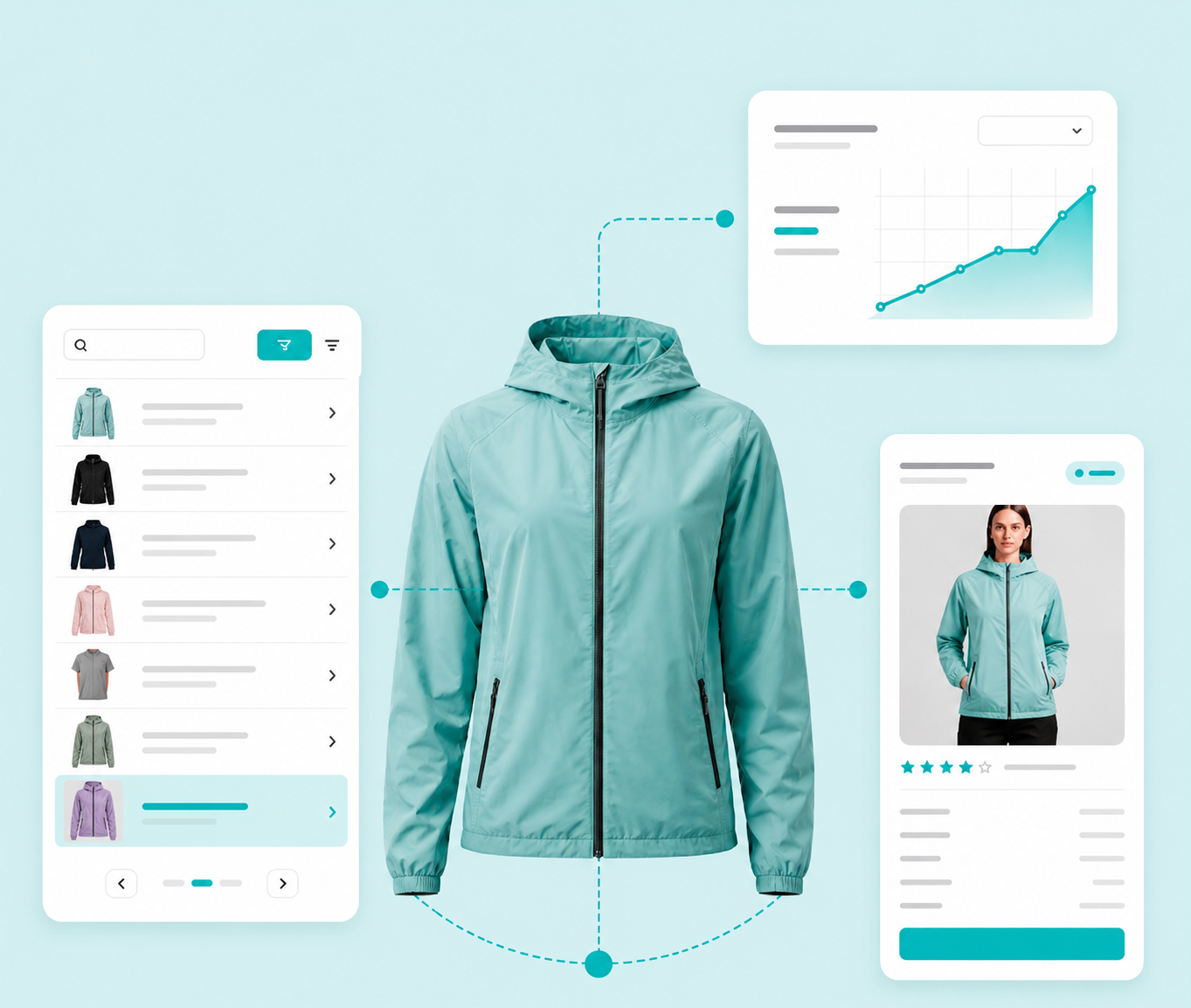 High-tech outdoor jacket with technical UI data visualization
